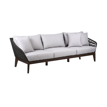 Armen Living Athos Indoor Outdoor 3 Seater Sofa in Dark Eucalyptus Wood with Charcoal Rope and Gray Cushions LCATSOWDDK